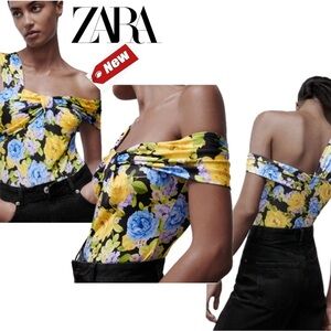 Zara yellow blue asymmetrical front knot ruched floral flower tropical bodysuit